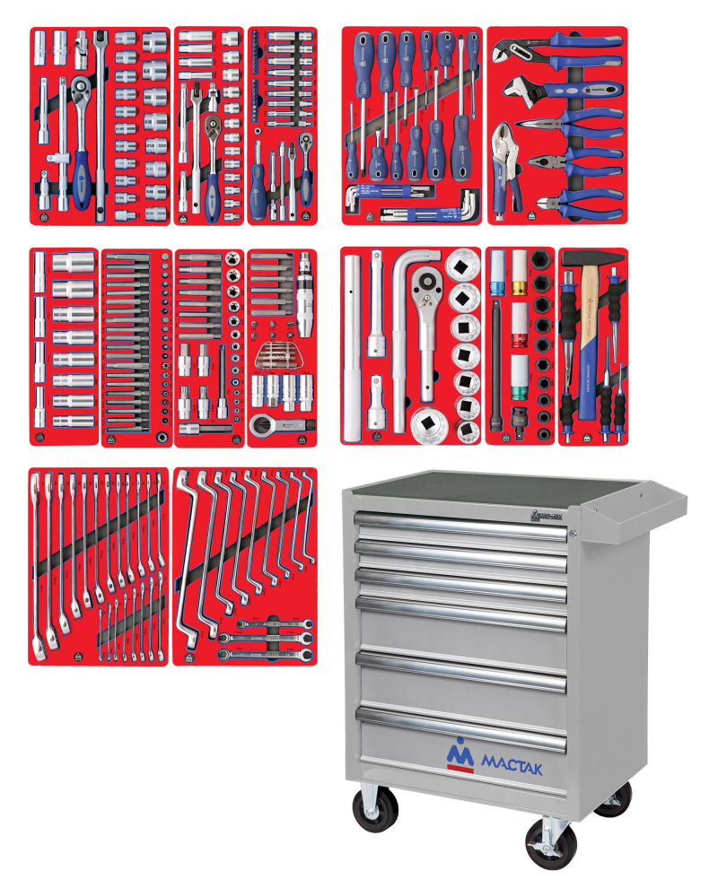 МАСТАК Набор инструментов "ПРОФИ" в серой тележке, 299 предметов 52-06299G